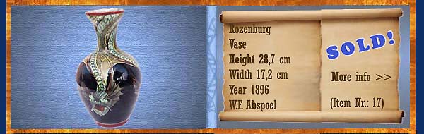 Nr.: 17,  Already sold: Decorative pottery of Rozenburg, Description: Plateel Vase, Height 28,7 cm Width 17,2 cm, Period: Year 1896, Decorator : W.F. Abspoel,