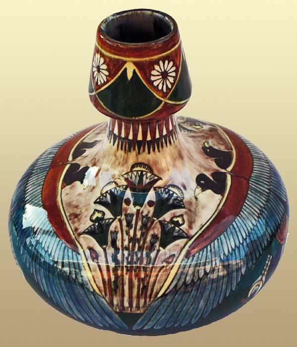 Nr.: 101, Already sold : decorative pottery made by Brantjes, Description: Plateel Belly flask, Height 19,2 cm width 17,1 cm, period: Year 1898, Decorator : J.Vet, 