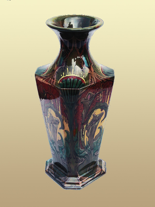 Nr.: 5, Already sold : decorative pottery made by Rozenburg , Description: Plateel Vase, Height 44 cm width 16,5 cm, period: Year 1898, Decorator : Samuel Schellink, 