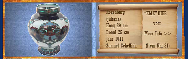 Nr.: 81, Te koop aangeboden sieraardewerk van Rozenburg	, Omschrijving: (juliana) Plateel Vaas, Hoog 29 cm Breed 25 cm, Periode: Jaar 1911, Schilder : Samuel Schellink, 