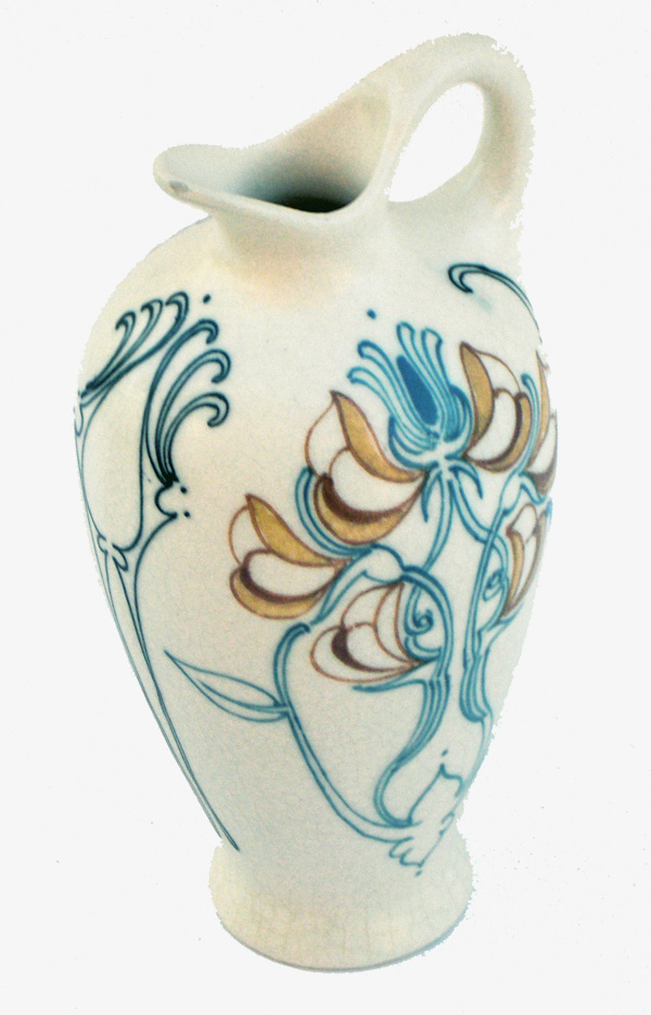 Nr.: 90, Already sold : decorative pottery made by  Arnhemsche Fayence, Description: Plateel Vase, Height 15 cm width 7 cm, period: Year 1907-1933, Decorator : waarschijnlijk v.d. Vet, 