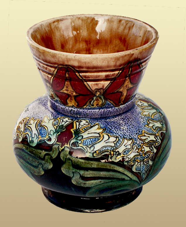 Nr.: 85, On offer decorative pottery made by Rozenburg, Description: Plateel Vase, Height 14 cm width 13,5 cm, period: Year 1896, Decorator : unknown, 