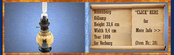 Nr.: 26, On offer decorative pottery of Rozenburg	, Description: Plateel Olielampje, Height 33,6 cm Width 9,4 cm, Period: Year 1890, Decorator : voor Verburg, 